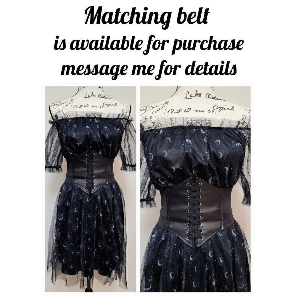Off Shoulder Goth Witch Moon Print Contrast Mesh Flared Shirred Dress L NWT - Picture 11 of 16